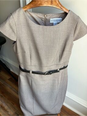 Jessica Howard Taupe Sheath Dress with Black Belt Accent
